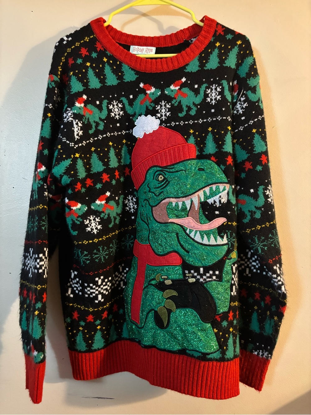 Holiday Dino Knit Sweater - Red & Green